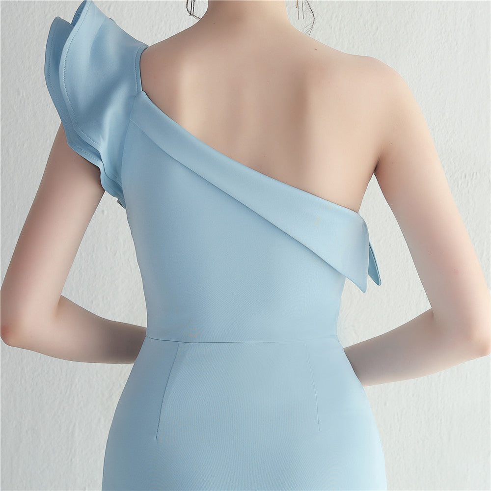 One-shoulder slope-neck ruffled dress