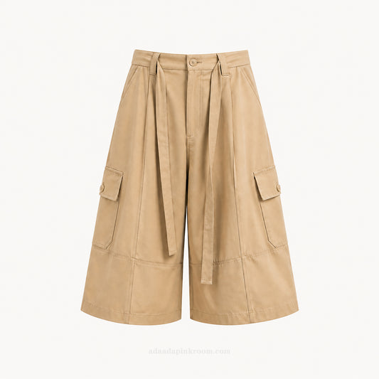 Belted Wide-Leg Bermuda Trousers