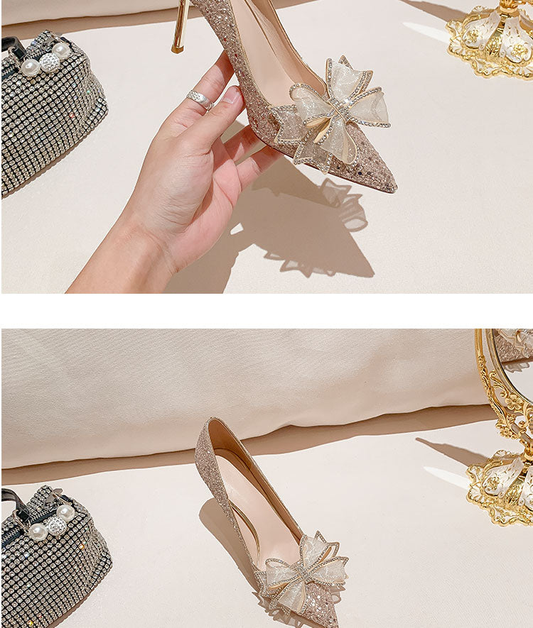 French bow sequin banquet wedding shoes