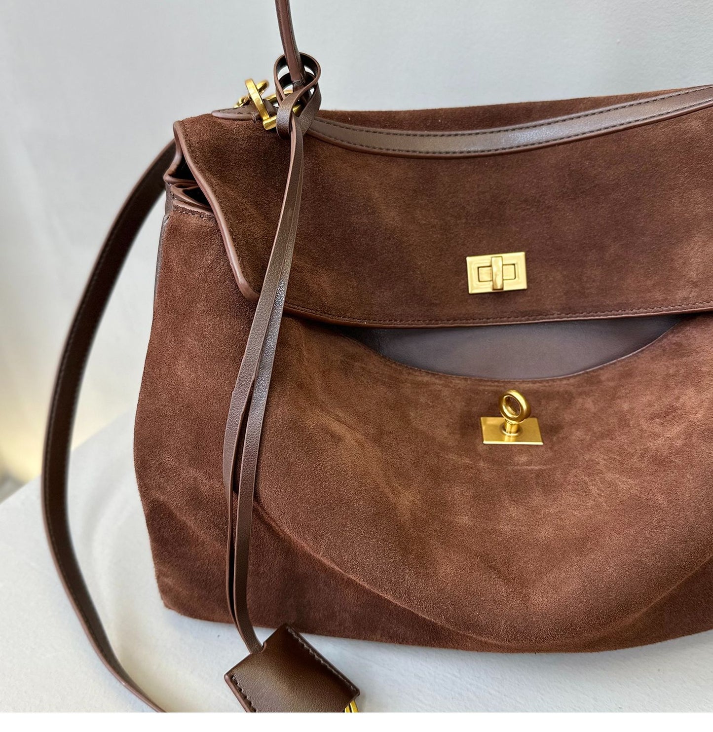 Suede stitching layered leather Kelly bag