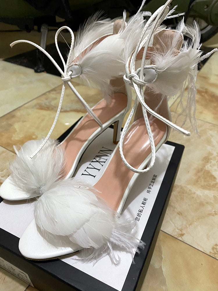 Feather stiletto heel hollow sexy strappy sandals