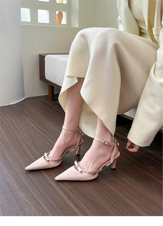 Pointed toe bow buckle strap stiletto high heel sandals