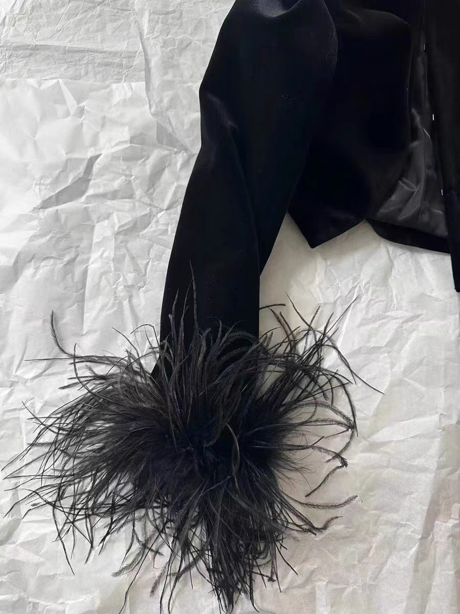 Round neck long sleeve velvet top with ostrich feather trim