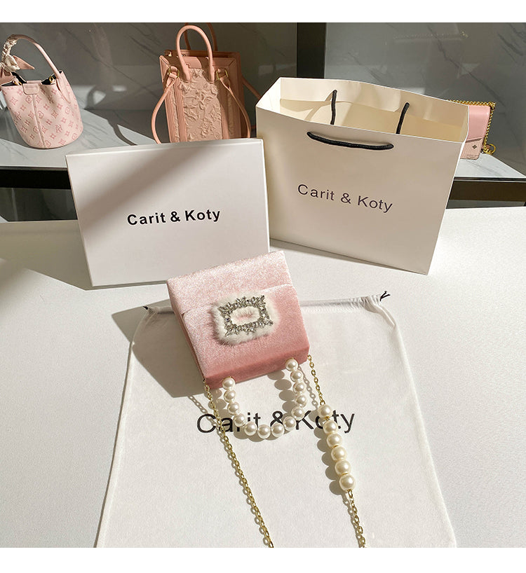 Plush rhinestone chain small square bag