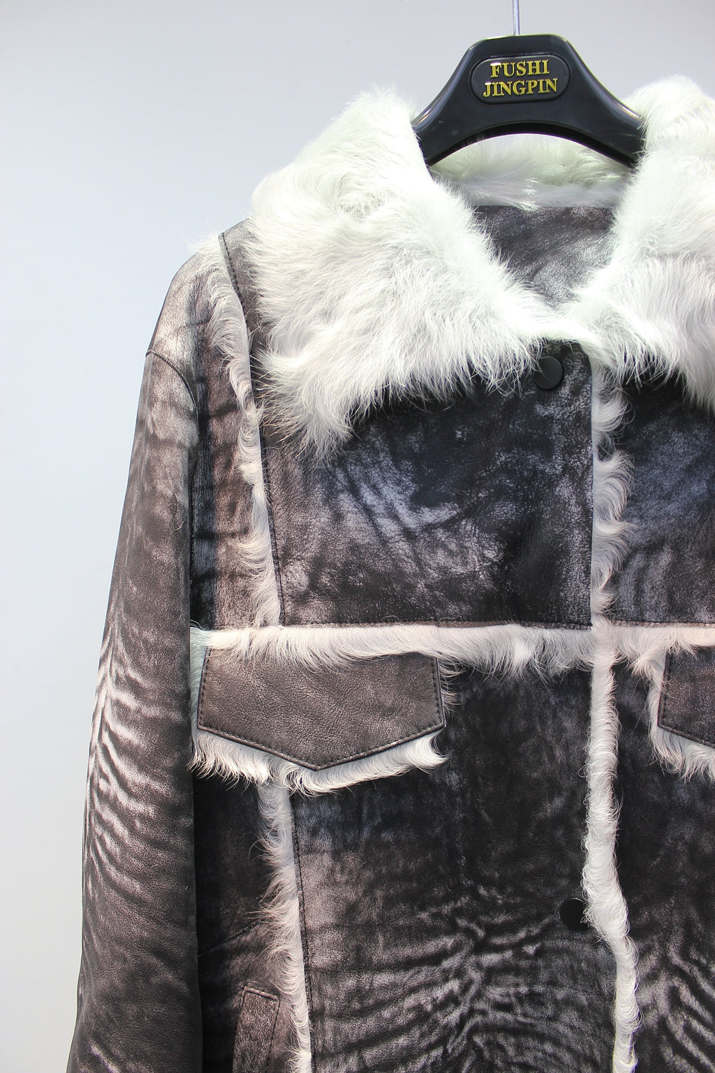 Soft lambskin fur coat with retro textured denim style