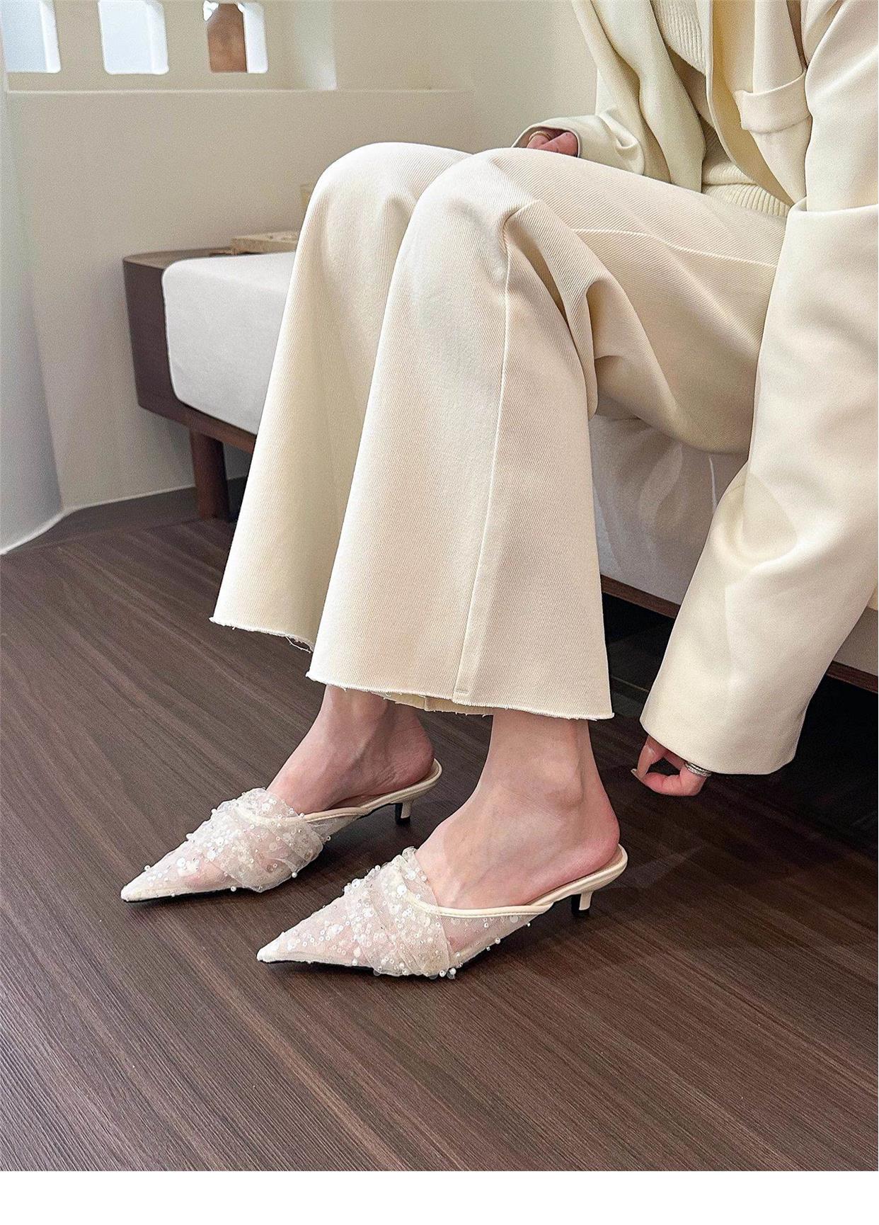 Mesh half slippers sequin pointed toe shoes