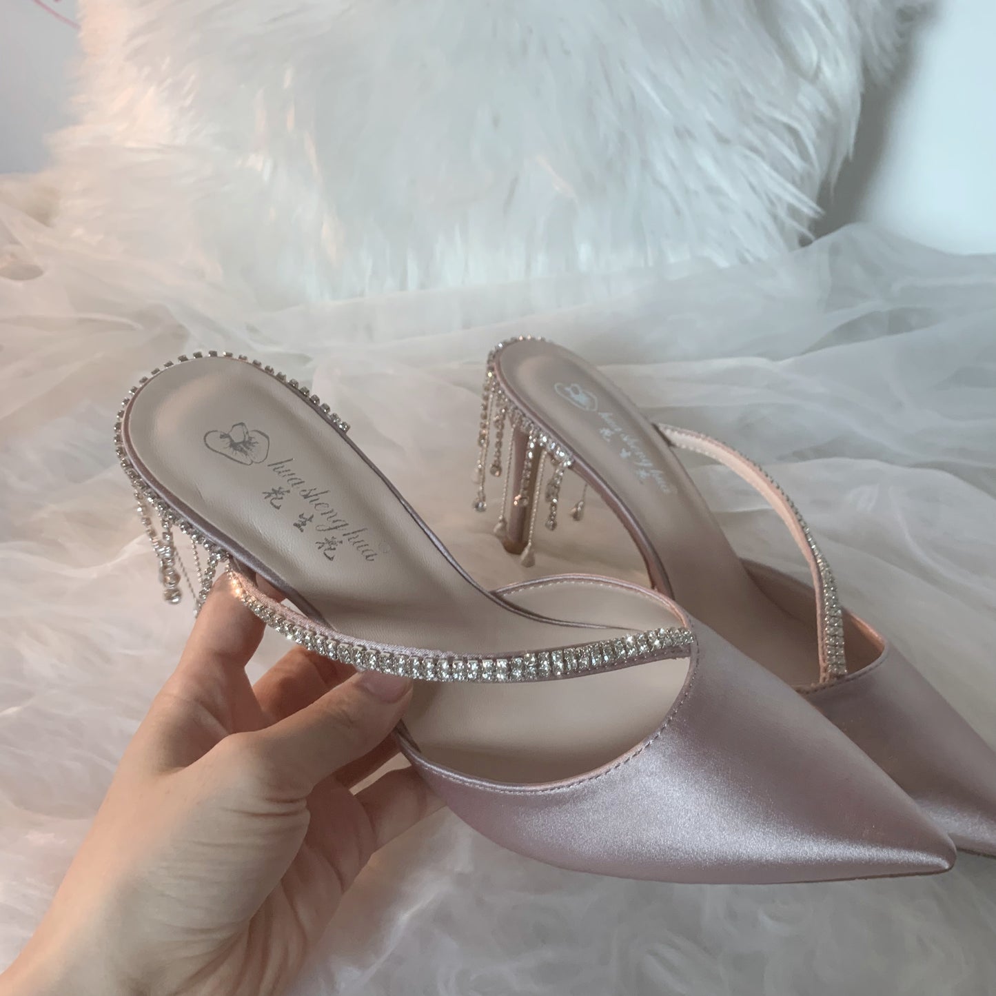 Pointed rhinestone stiletto heel champagne color sandals