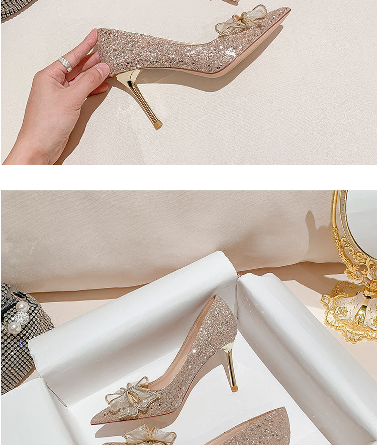 French bow sequin banquet wedding shoes