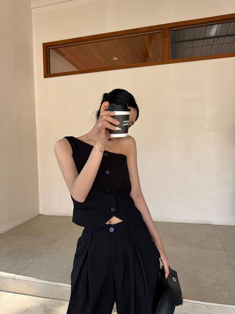 Korean style single-breasted off-shoulder top casual trousers suit