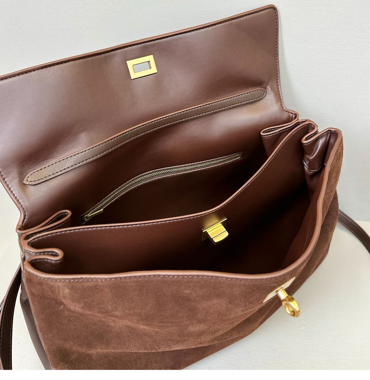 Suede stitching layered leather Kelly bag