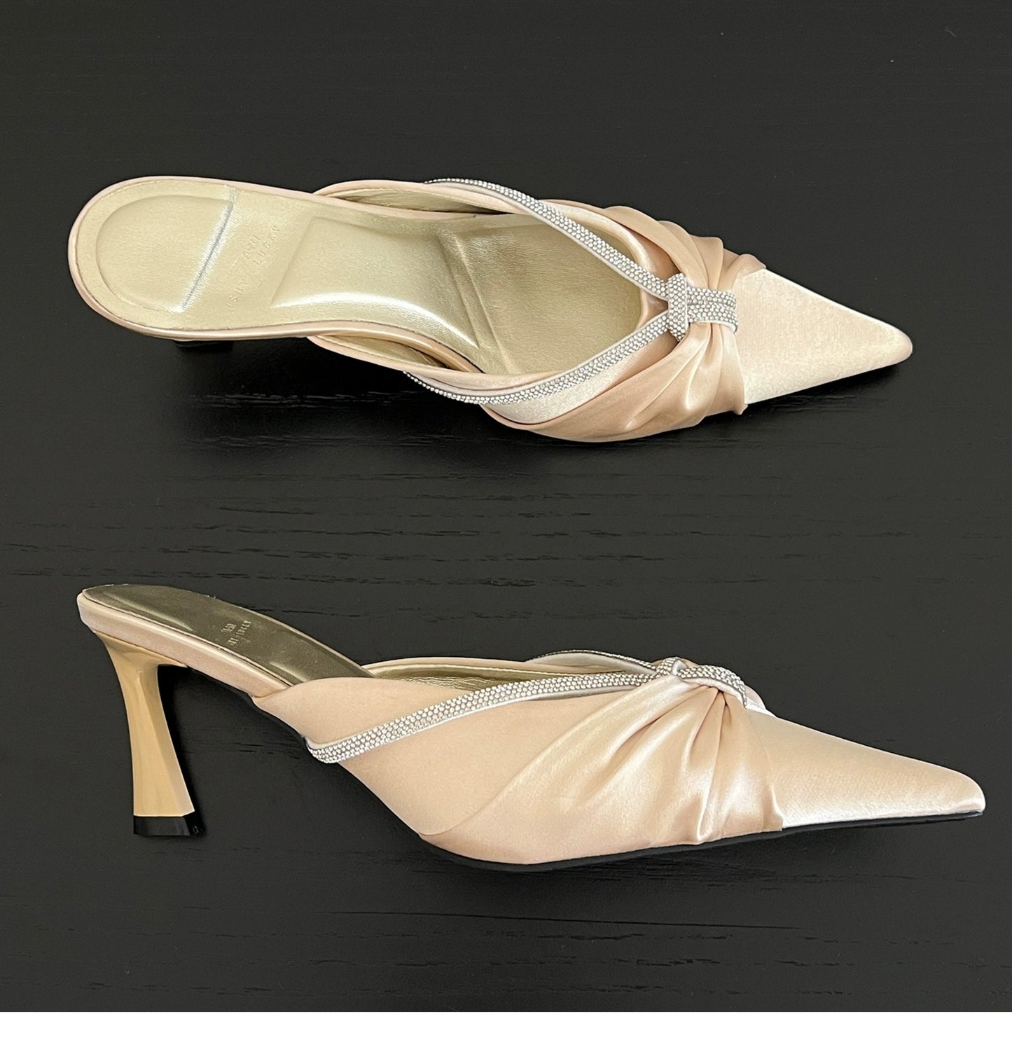 Moonlight almond pointed half-slip satin stilettos