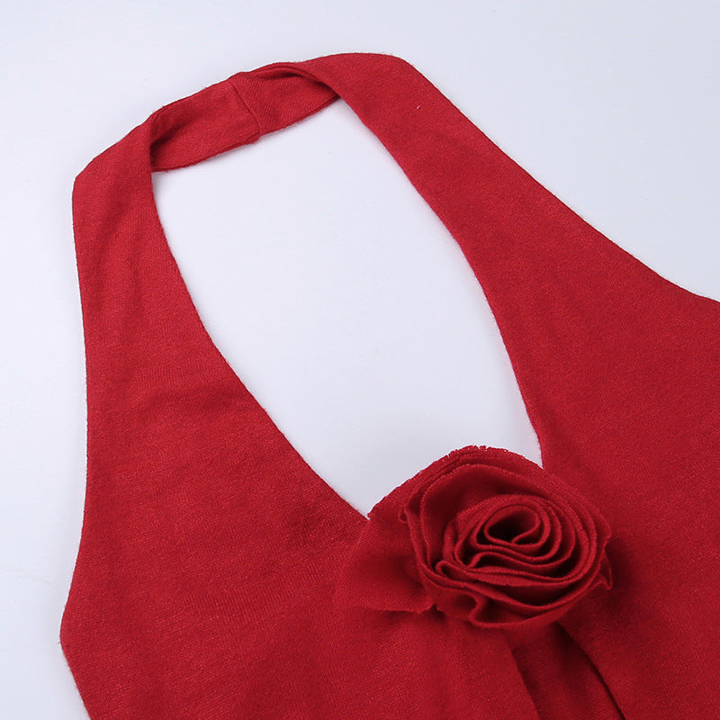 Red three-dimensional flower halter neck tank top