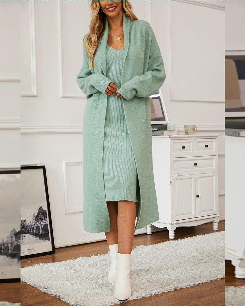 Knitted vest dress + long cardigan coat