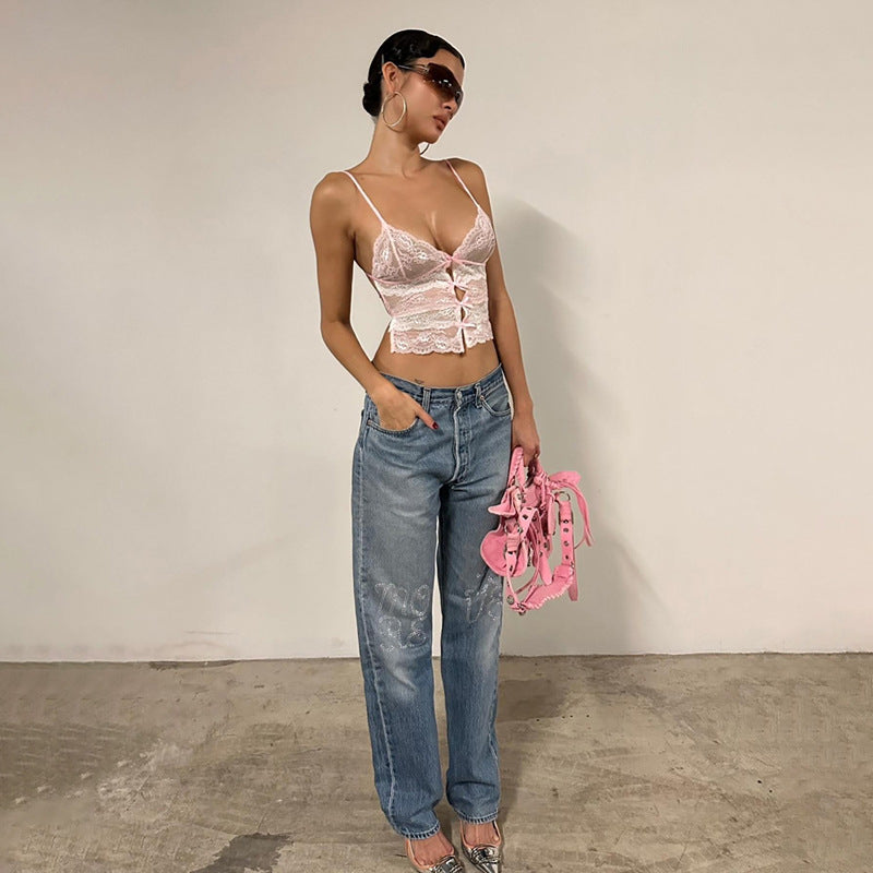 Lace bow backless strappy camisole