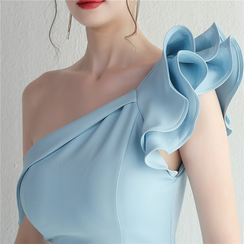 One-shoulder slope-neck ruffled dress