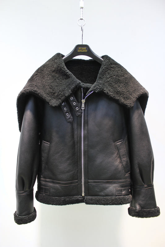 Lmported sheepskin one-piece Korean style hooded flight suit jacket