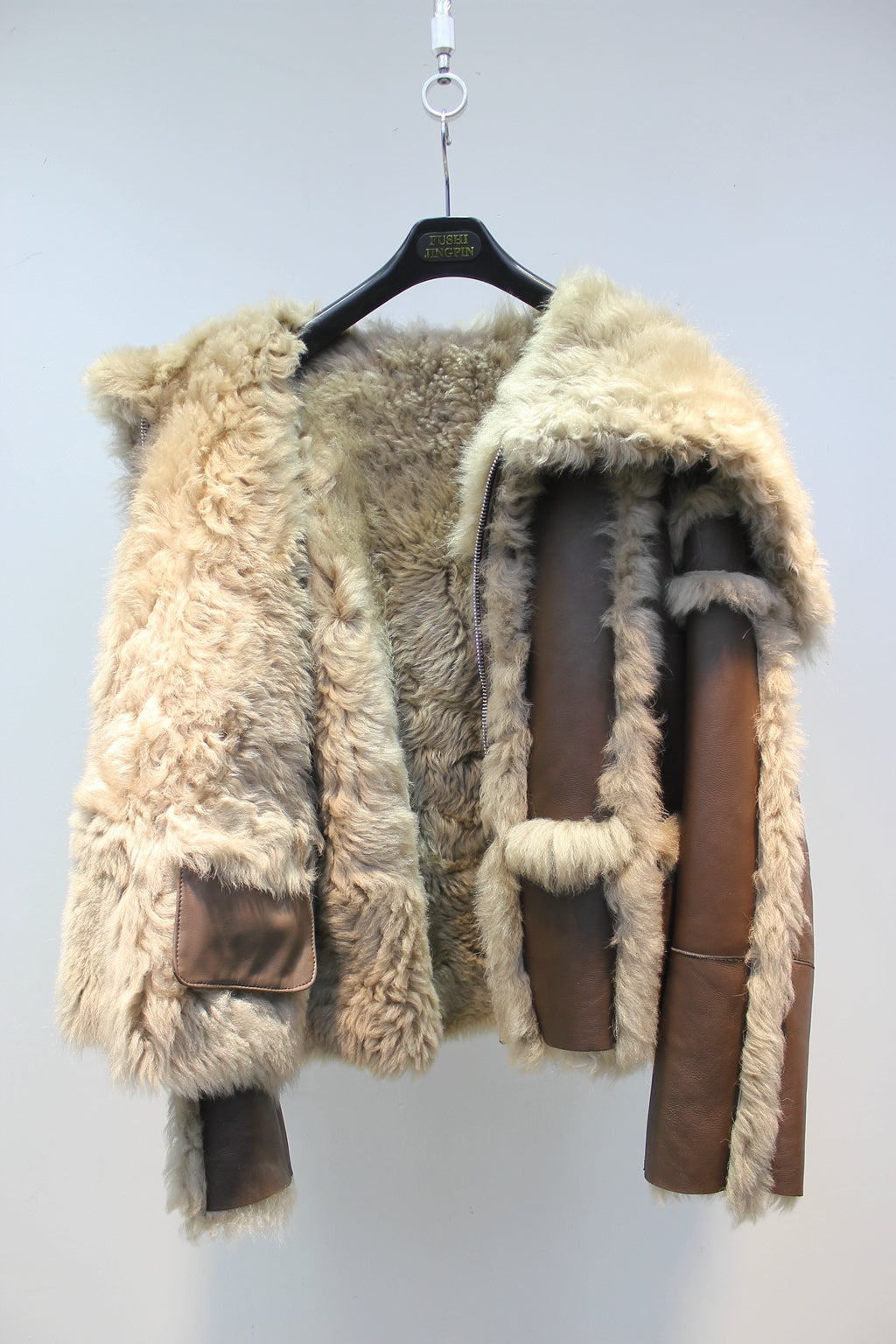 Tuscan sheepskin one-piece navy collar biker short fur coat