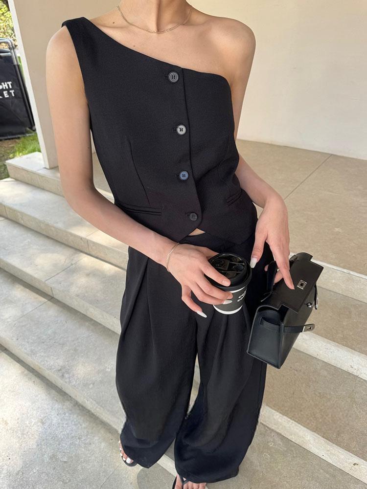 Korean style single-breasted off-shoulder top casual trousers suit