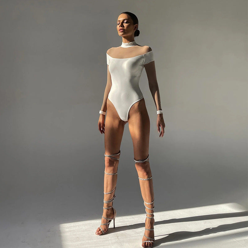 Sexy tight mesh see-through patchwork jumpsuit