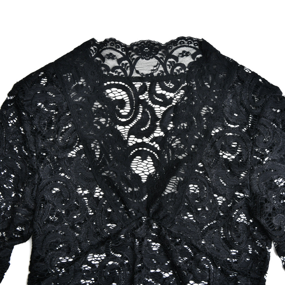 Slim fit lace V-neck see-through bell sleeve shirt