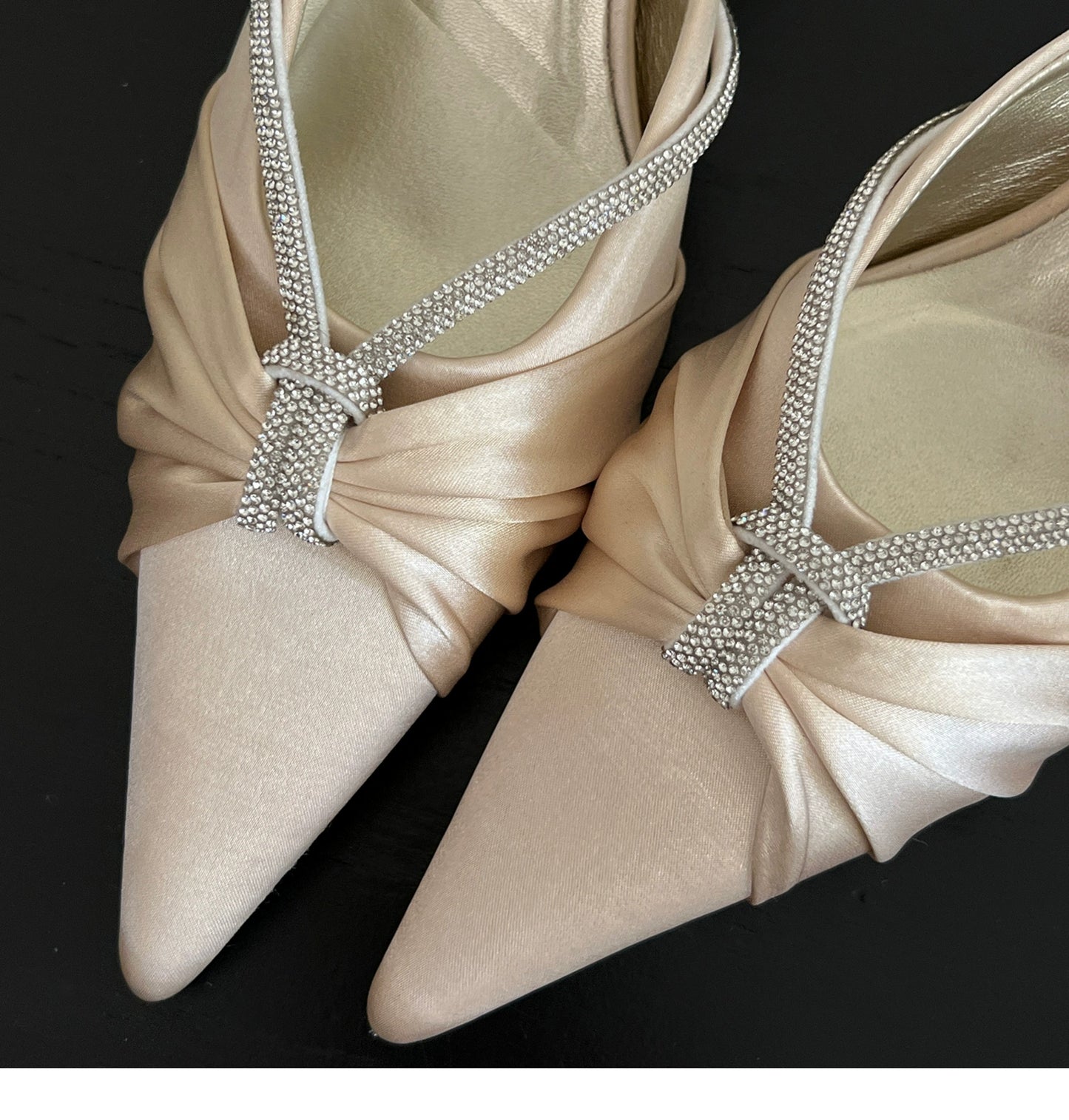 Moonlight almond pointed half-slip satin stilettos