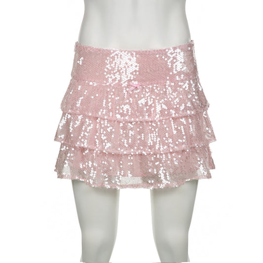 Sequin cake skirt shiny mesh bow low waist skirt