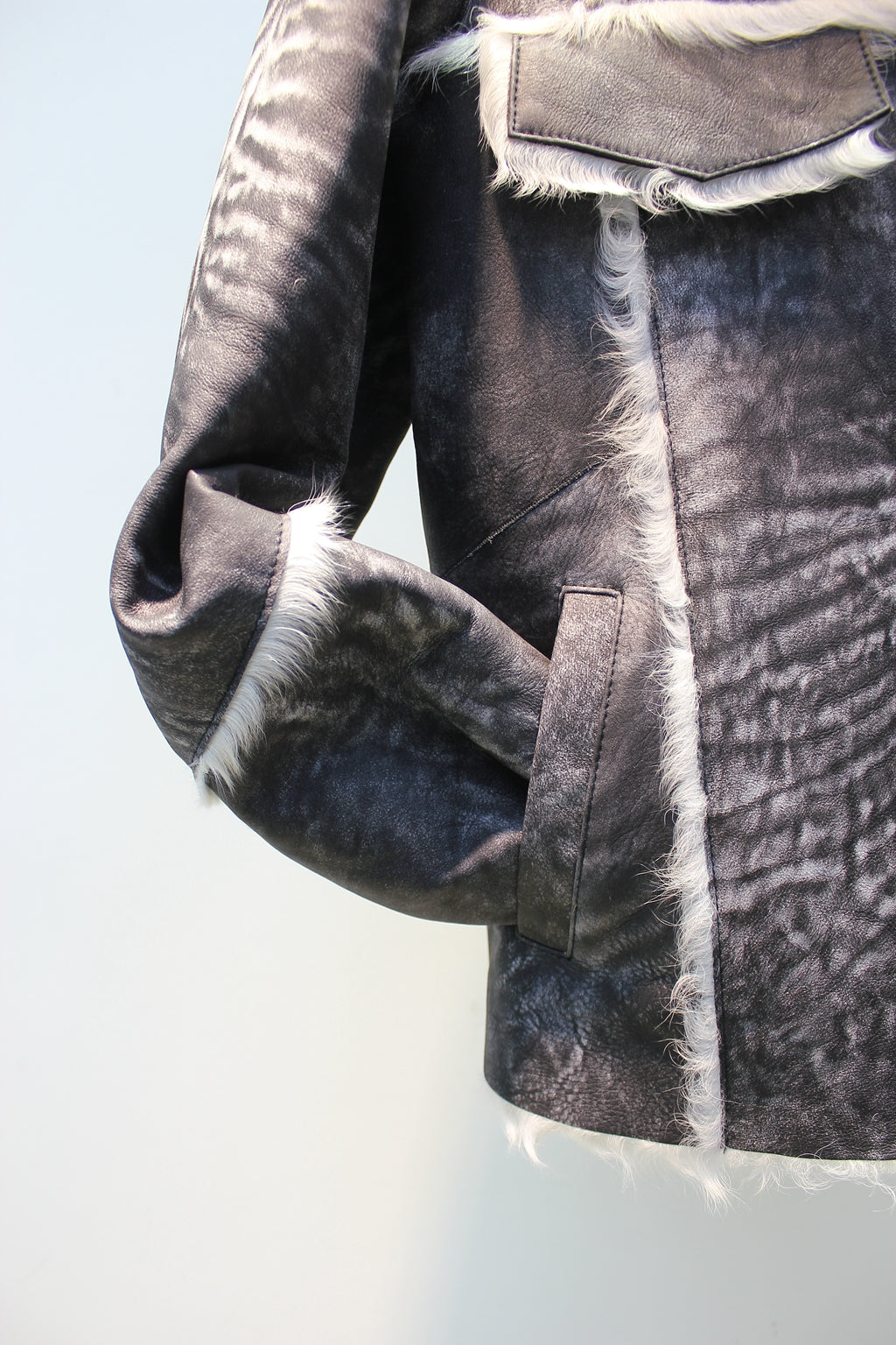 Soft lambskin fur coat with retro textured denim style