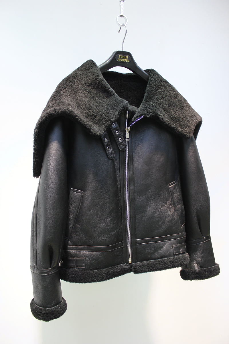 Lmported sheepskin one-piece Korean style hooded flight suit jacket