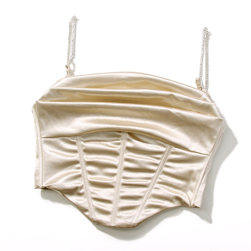 Satin and rhinestone strap midriff-baring slim-fit outer bra
