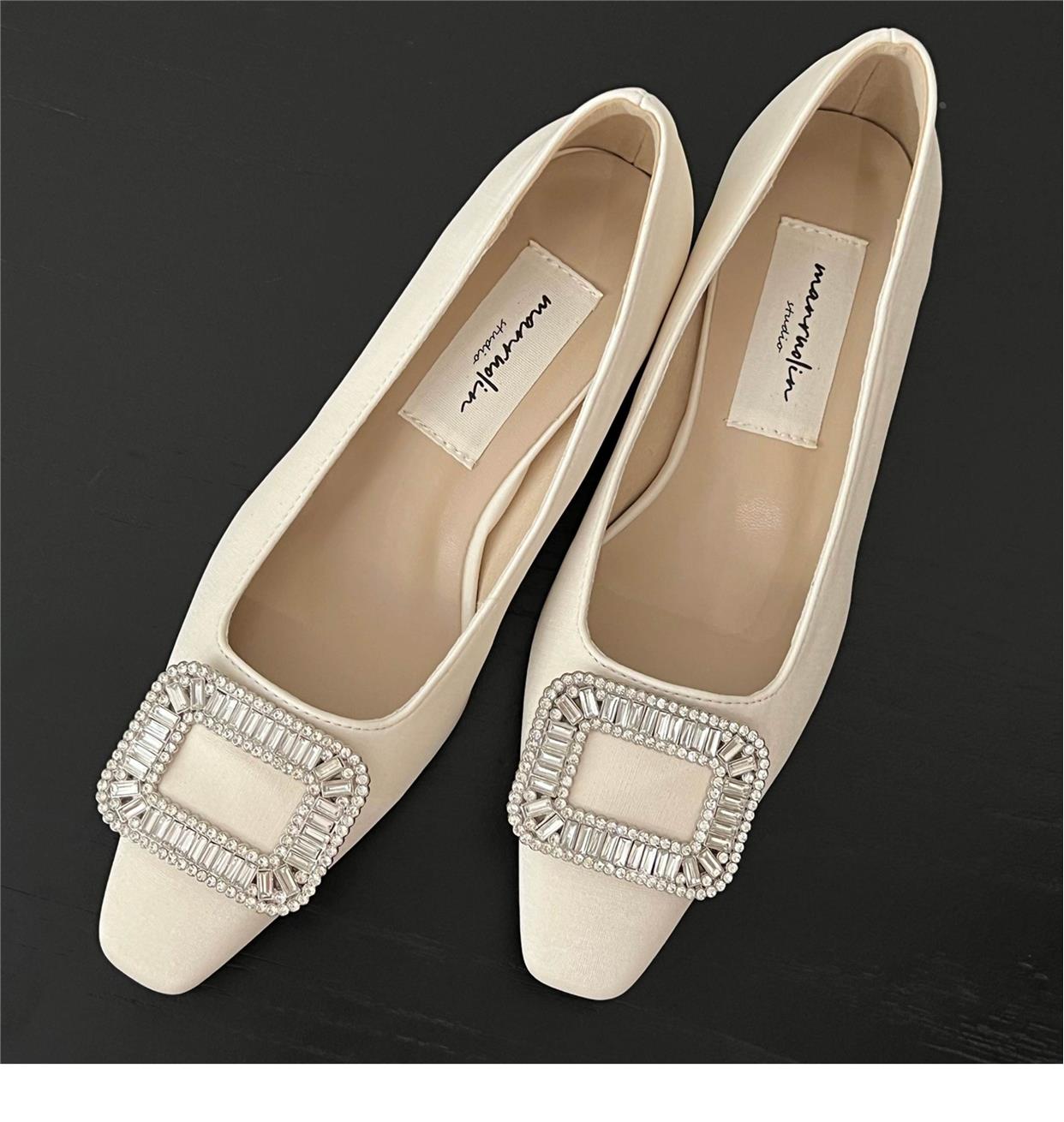 Square toe rhinestone shallow heel shoes