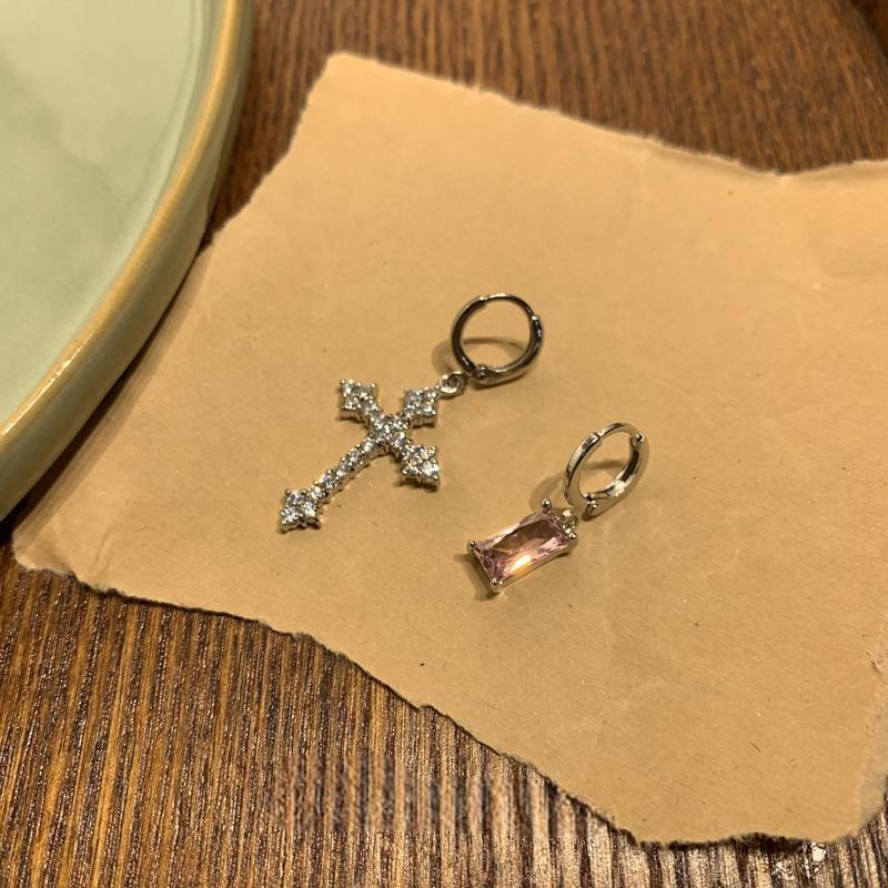 Sparkling Diamond Cross Earrings Stacked with Pink Earrings