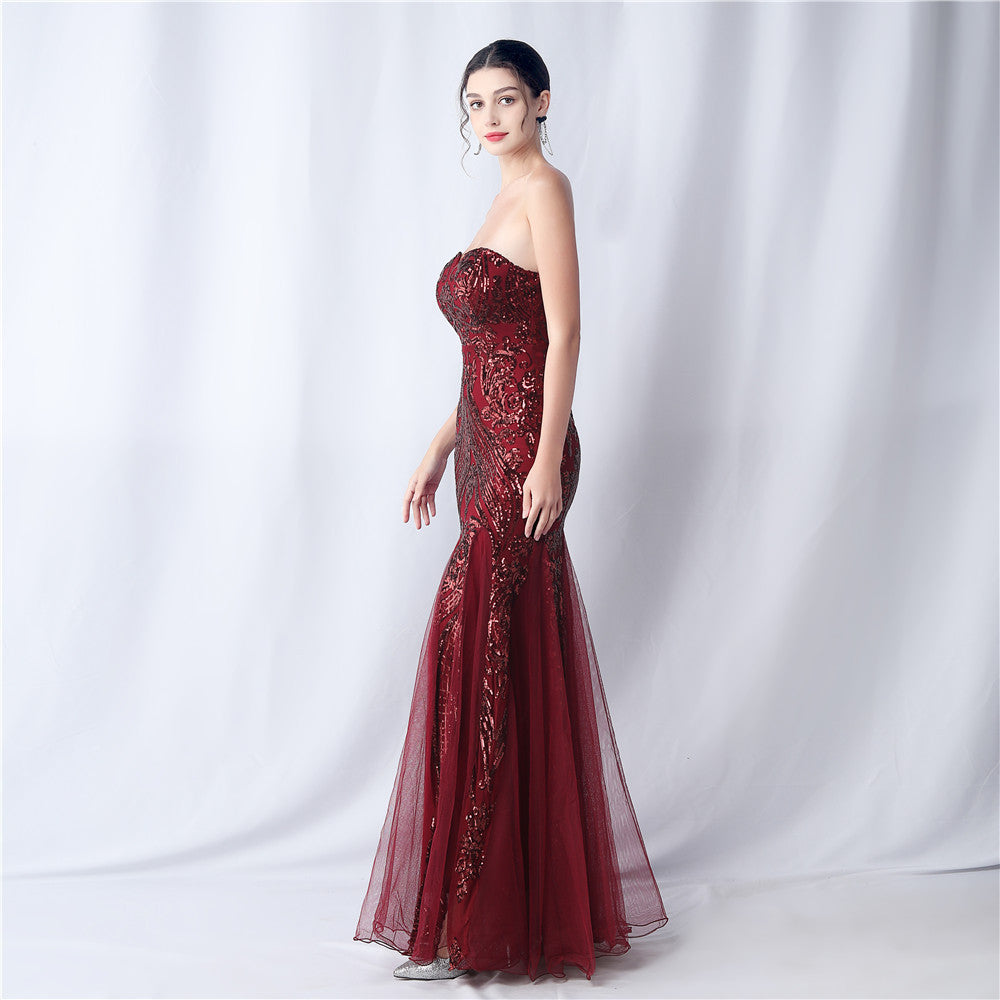 High-end sparkling evening long tube top evening dress