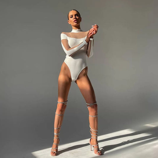 Sexy tight mesh see-through patchwork jumpsuit