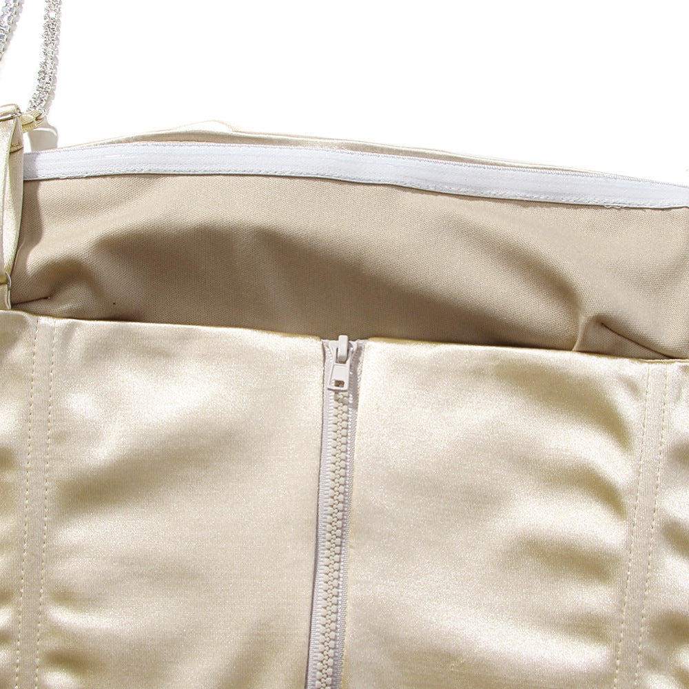 Satin and rhinestone strap midriff-baring slim-fit outer bra