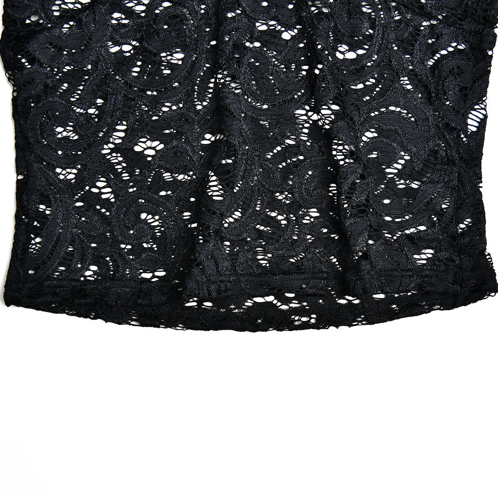 Slim fit lace V-neck see-through bell sleeve shirt