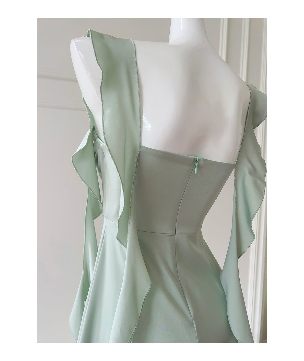 Mint Green Square Neck Ribbon Slim Fit Satin Dress