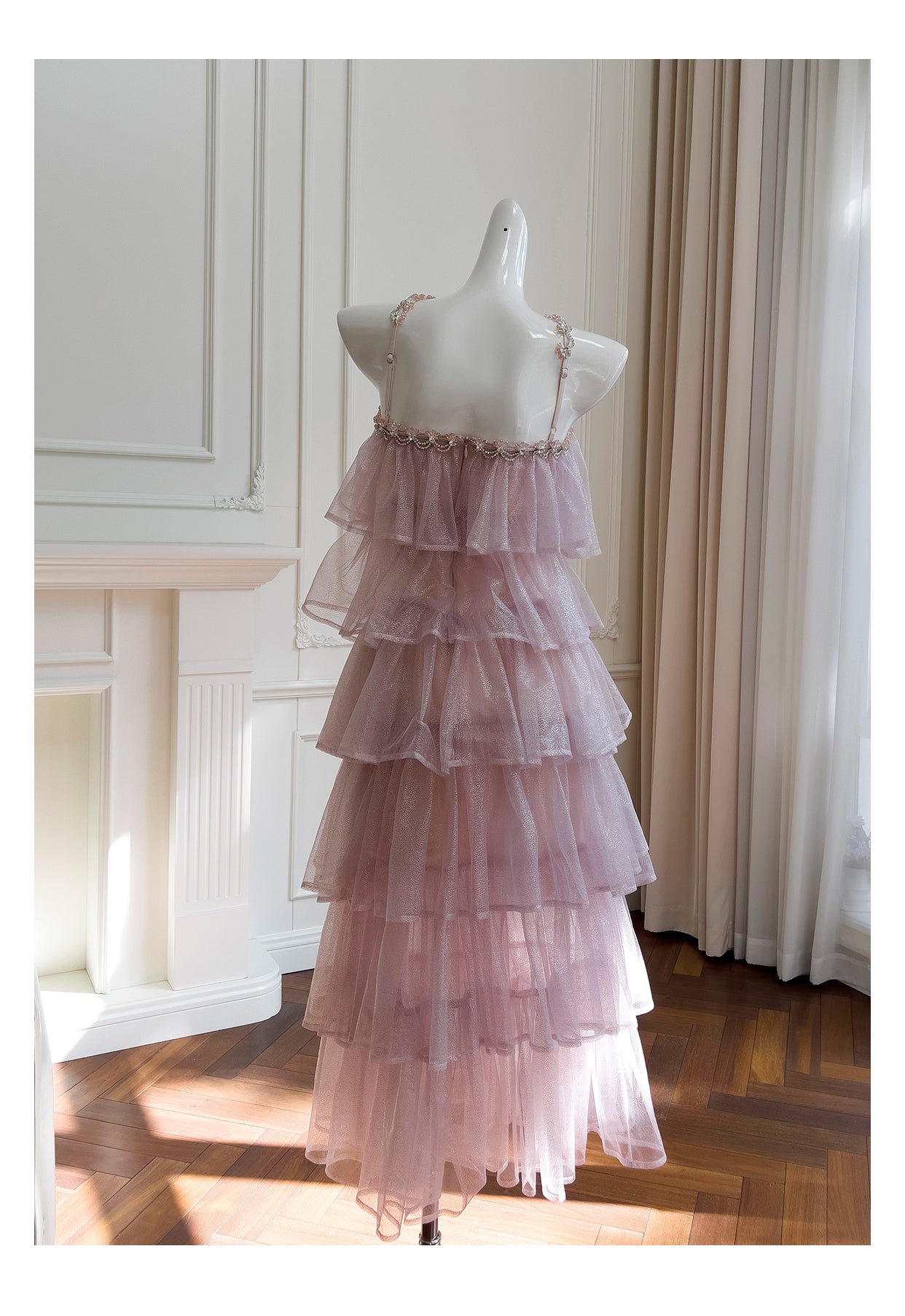Pink Mesh Gold Stamping Suspender Cake Skirt Birthday Party Dress