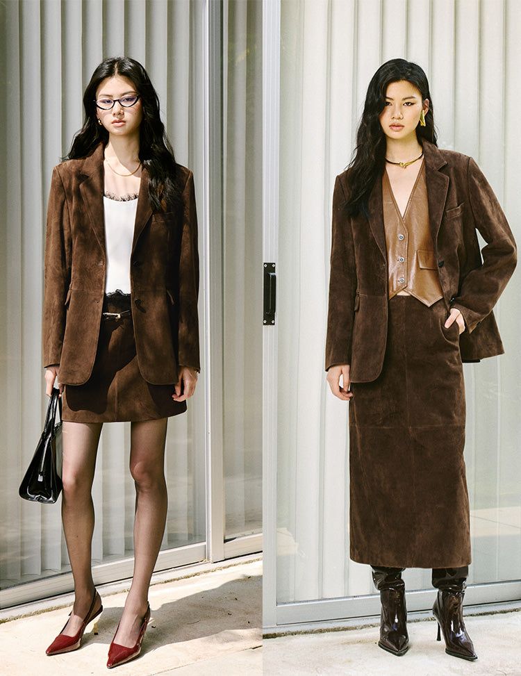 Matte shearling suede blazer/double skirt