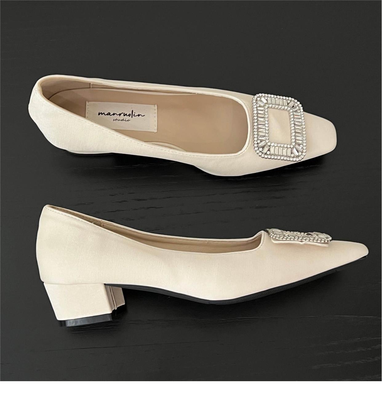 Square toe rhinestone shallow heel shoes