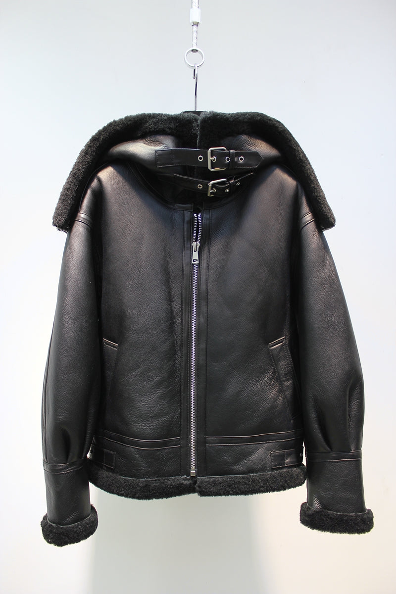 Lmported sheepskin one-piece Korean style hooded flight suit jacket