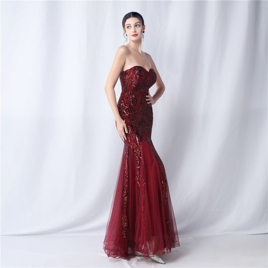 High-end sparkling evening long tube top evening dress