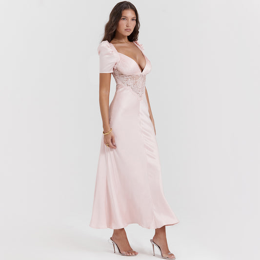 Puff-sleeved lace paneled waistless pink dress