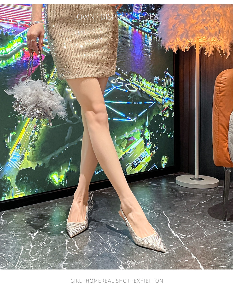 Sheepskin rhinestone banquet French toe stiletto sandals