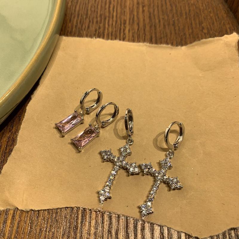Sparkling Diamond Cross Earrings Stacked with Pink Earrings