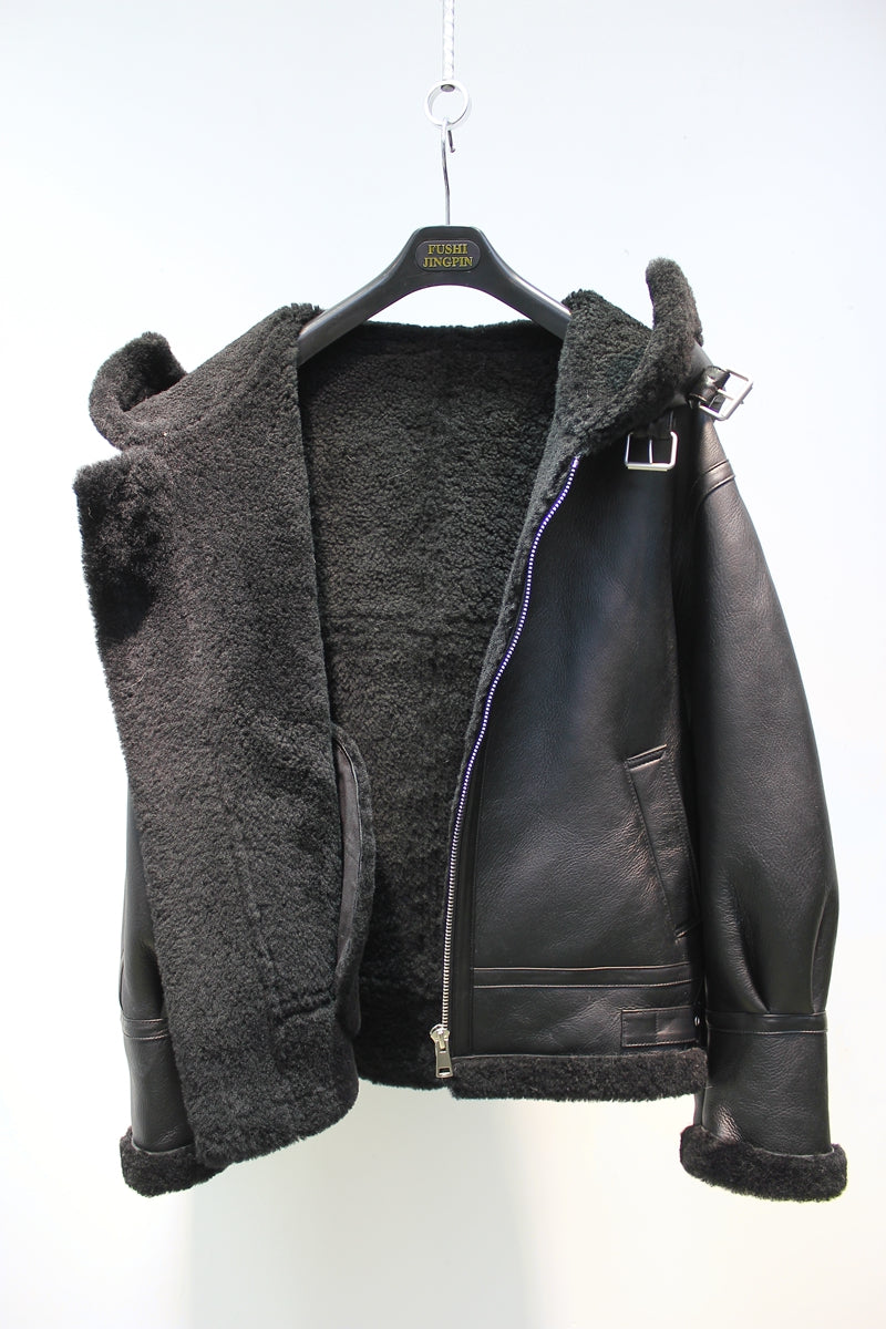 Lmported sheepskin one-piece Korean style hooded flight suit jacket