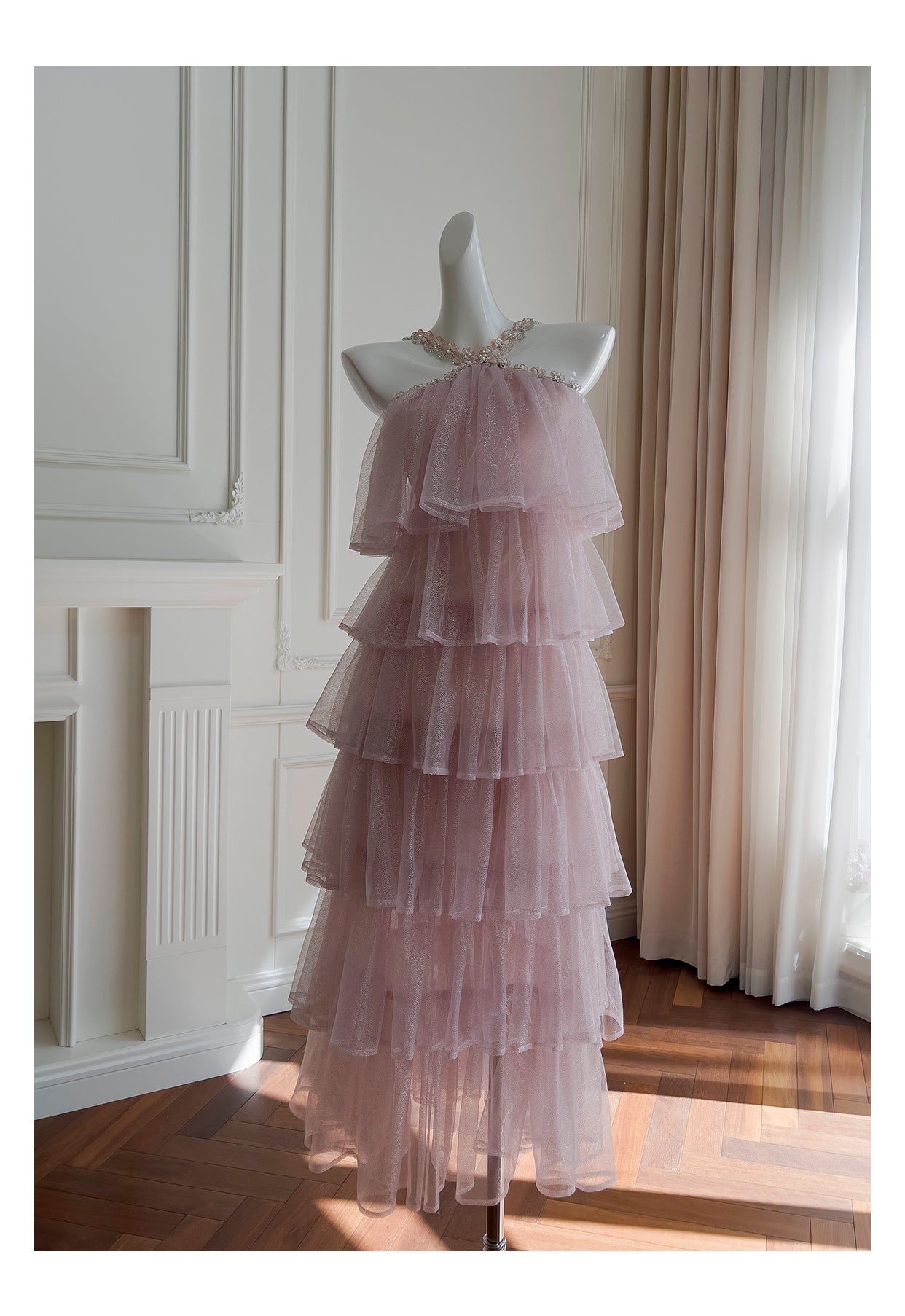 Pink Mesh Gold Stamping Suspender Cake Skirt Birthday Party Dress