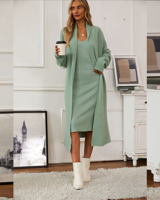 Knitted vest dress + long cardigan coat