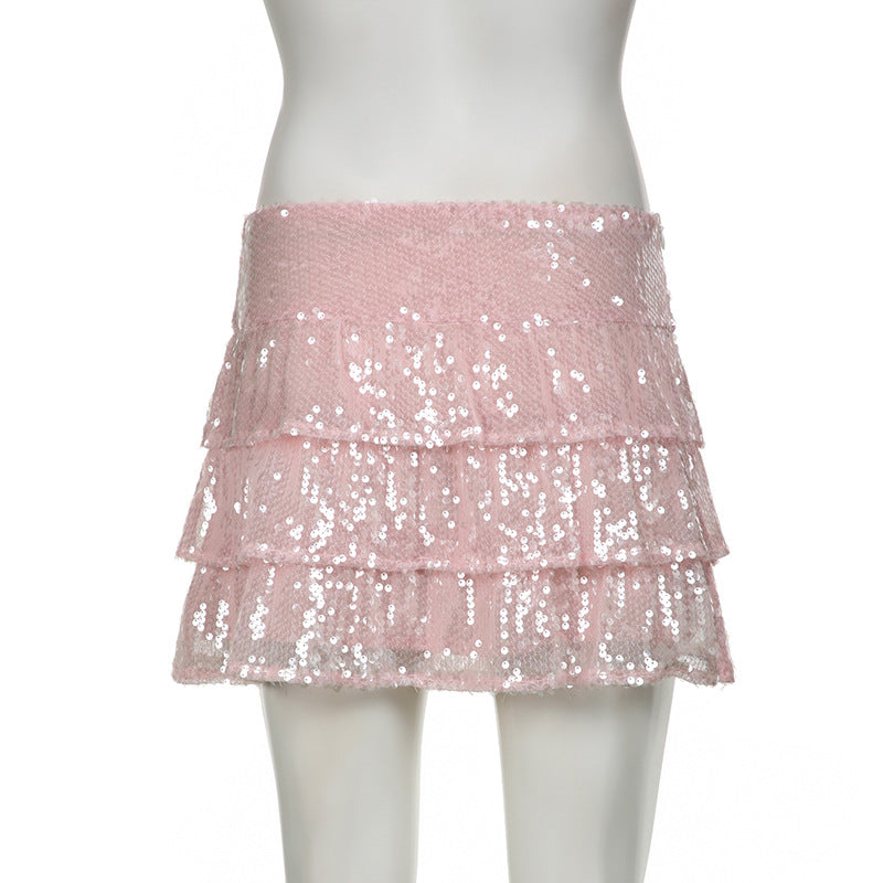 Sequin cake skirt shiny mesh bow low waist skirt