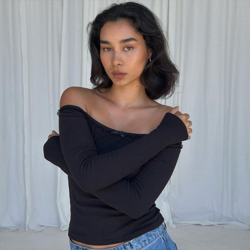 One-shoulder off-shoulder lace bow slim fit bottoming shirt