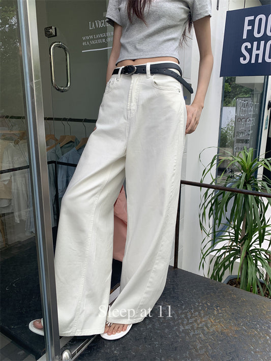 High-waisted hip-covering slimming casual white wide-leg jeans